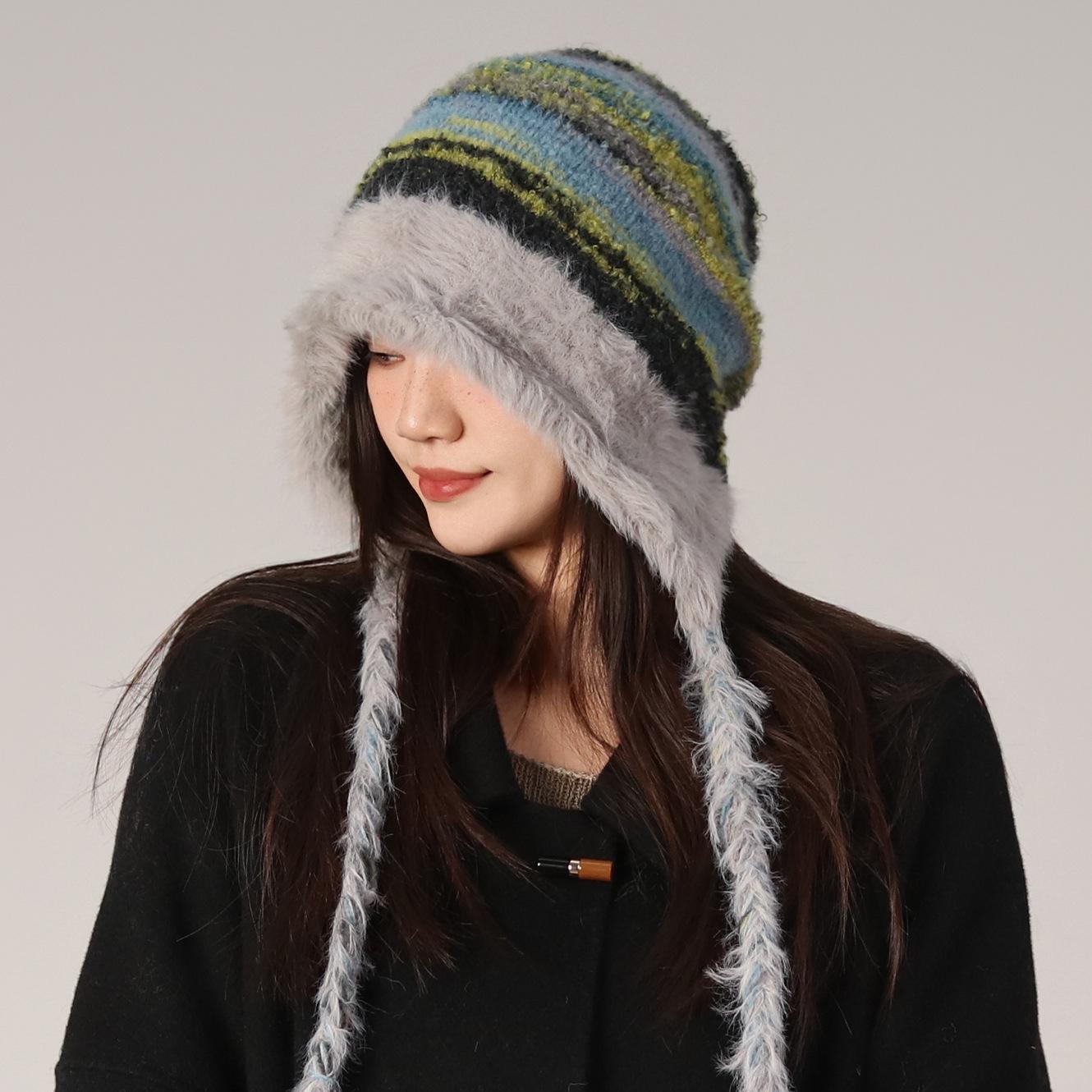 

Spring and Autumn Original Plush Tassel Braid Big Head Circumference Knitted Baotou Hat Women one size (stretch) oversized fit - super slimming
