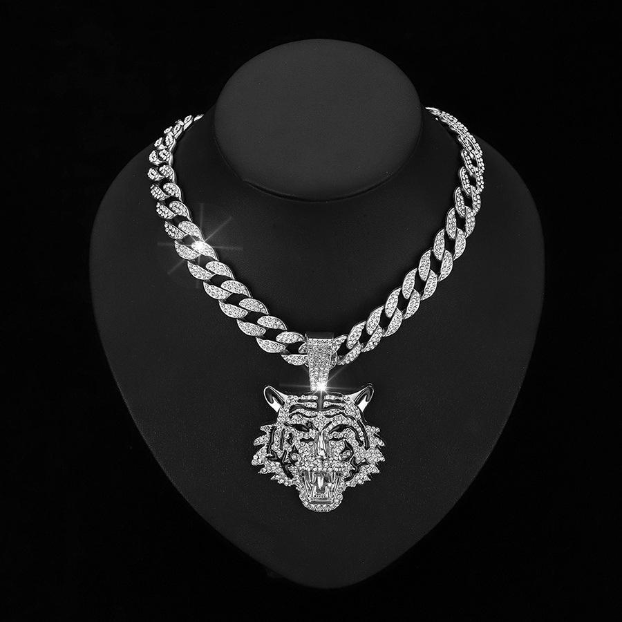 

Cuban Necklace Featuring A Three-Dimensional Alloy Diamond-Encrusted Tiger Pendant In A Hip-Hop Style