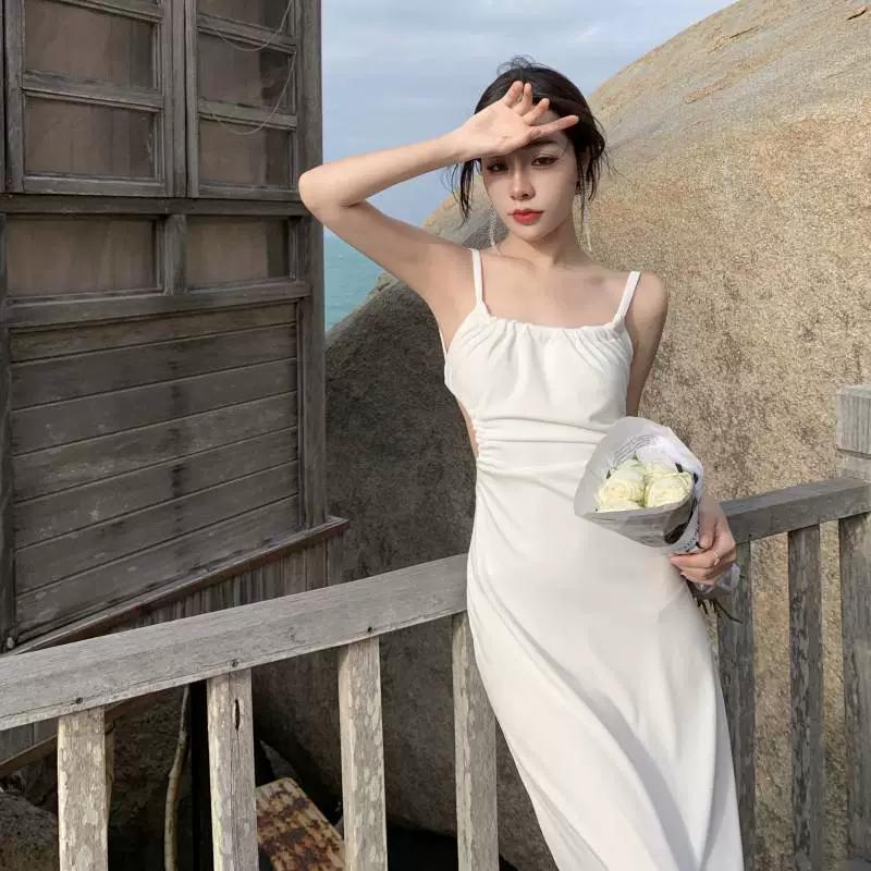 Midi Backless Dress Women Hollow Out Summer Bandage Sexy Beach Spaghetti Strap Casual Dresses