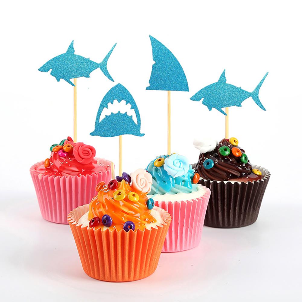 24pcs/set Fashion Shark Shape Cupcake Insert Cards with Toothpick Wedding Birthday Party Gifts Cake Decorations