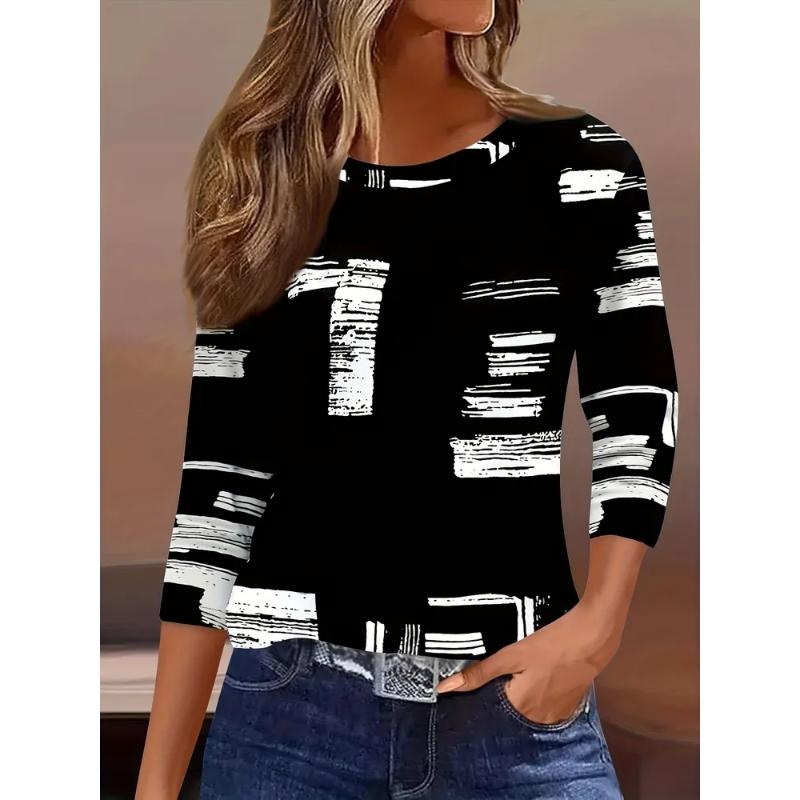 Fashion Women's Crew Neck Long Sleeve 3D Casual Color Printing Casual Short Sleeve Crew Neck T-Shirt