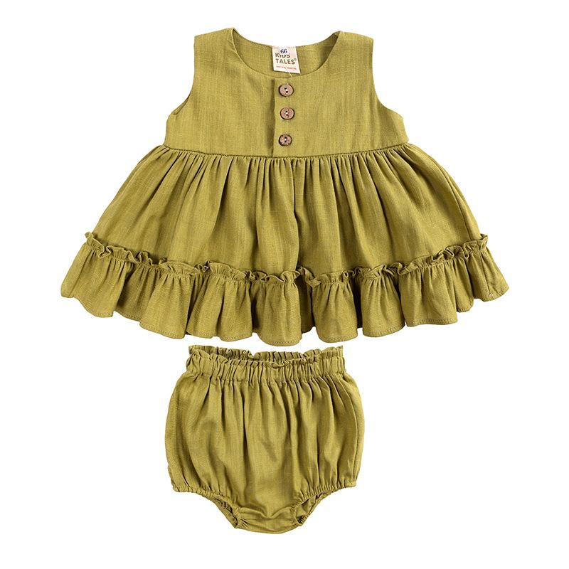 Girls Summer Cotton Linen Sleeveless Dress Set with Ruffled Hem and Pleats 66