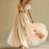 Women's V Neck Short Sleeve Maxi Dress Loose Fit High Waist Sweet Floral Print Chiffon A-Line Dress
