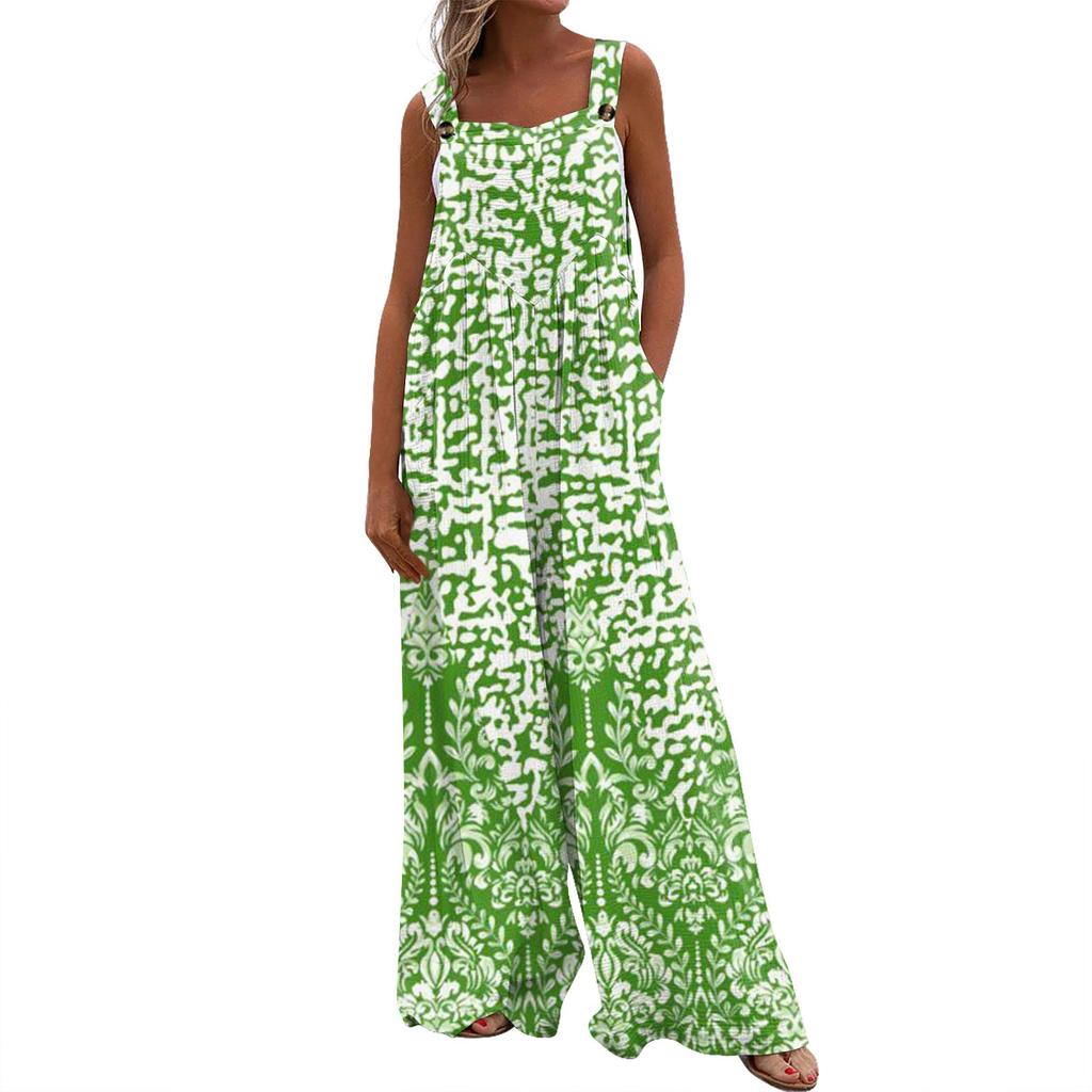 Women's Fashion Casual Loose With Pockets Sleeveless Printed Jumpsuit