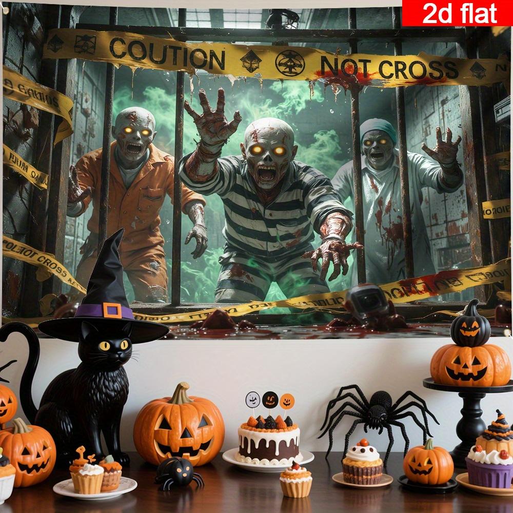 1 Halloween Polyester Flag, 2D Graphic Design, Terrifying Zombie Image with Glowing Eyes, Ghost Prison Scene