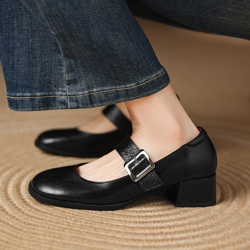 Modne NOWE Wiosna/Jesień Damskie Czółenka Buty z Prawdziwej Skóry dla Kobiet Okrągły Czubek Gruby Obcas Buty Zwięzła Klamra Paska Buty Mary Janes