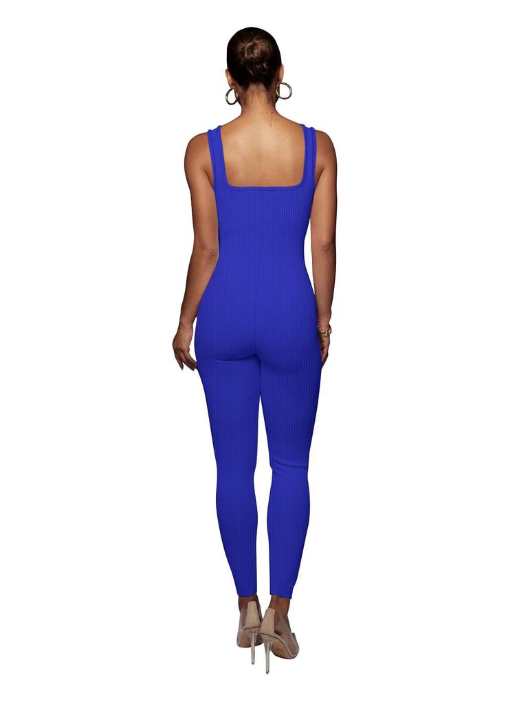 Women's Solid Color Ribbed Sleeveless Bodysuit: Square Neck, Backless, Hip-Lifting Slim-Fit Jumpsuit