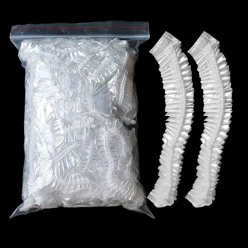 100pcs Plastic Waterproof Clear Hair Caps Shower Caps Multi-Purpose Thickening Elastic Bath Cap Home Hair Salon Portable Use
