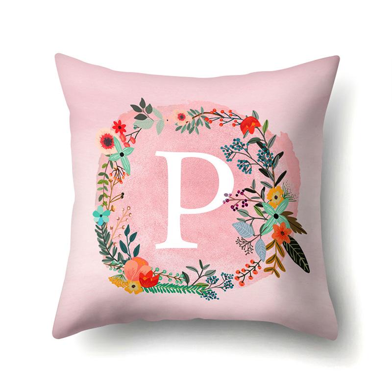 Polyester Pillowcase Pink Flower Home Decoration Print 26 English Letter Cushion Pillowcase