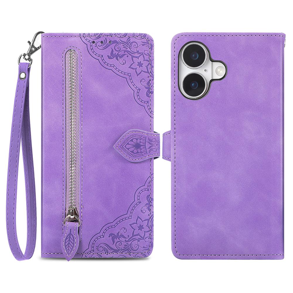 Für iPhone 16 Reißverschluss-Brieftasche Hülle mit Riemen Blumenprägung PU-Leder Handyhülle