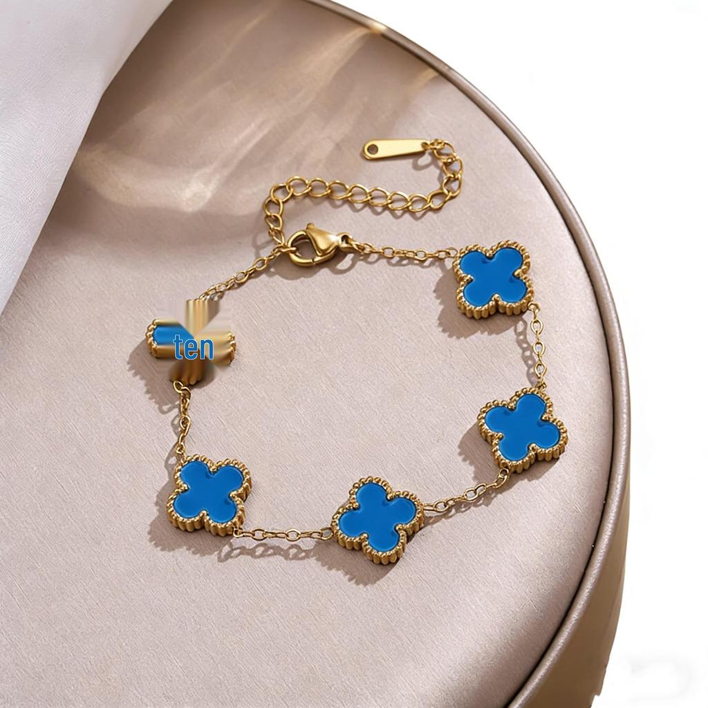 Premium Glück Titanium Stahl Vierblättriges Kleeblatt Armband & Halsketten Set - 13MM Zweiseitige Gold Schlüsselbein Kette für Eleganten Stil
