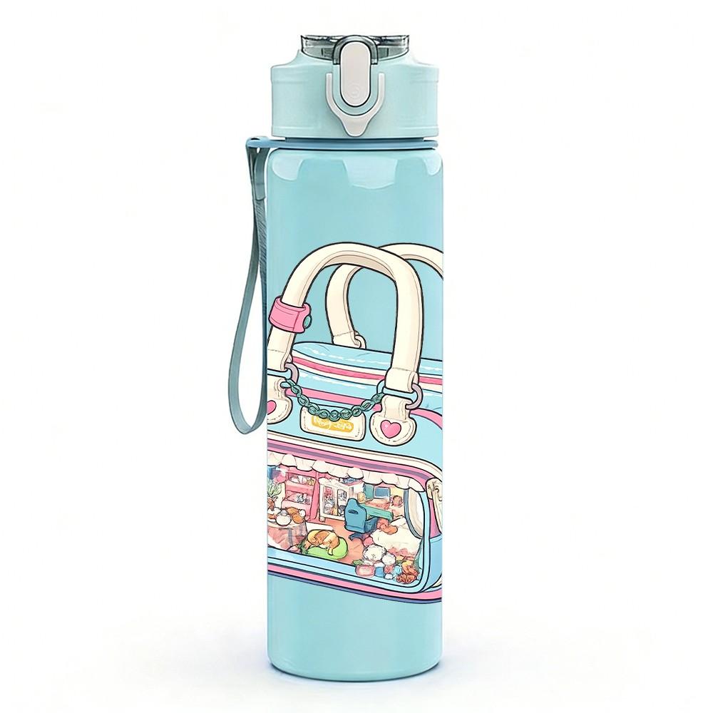 1PC Colorful Handbag Cartoon 750ml Color Plastic Sports Water Bottle Leakproof Flip Straw Lid Suitable for Sports Office Home Use