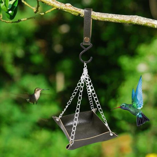 Hanging Bird Feeder Outdoor Hummingbird Feeders Faux Leather Feeding Tray Metal Mesh Attracting Wild Birds Square Platform