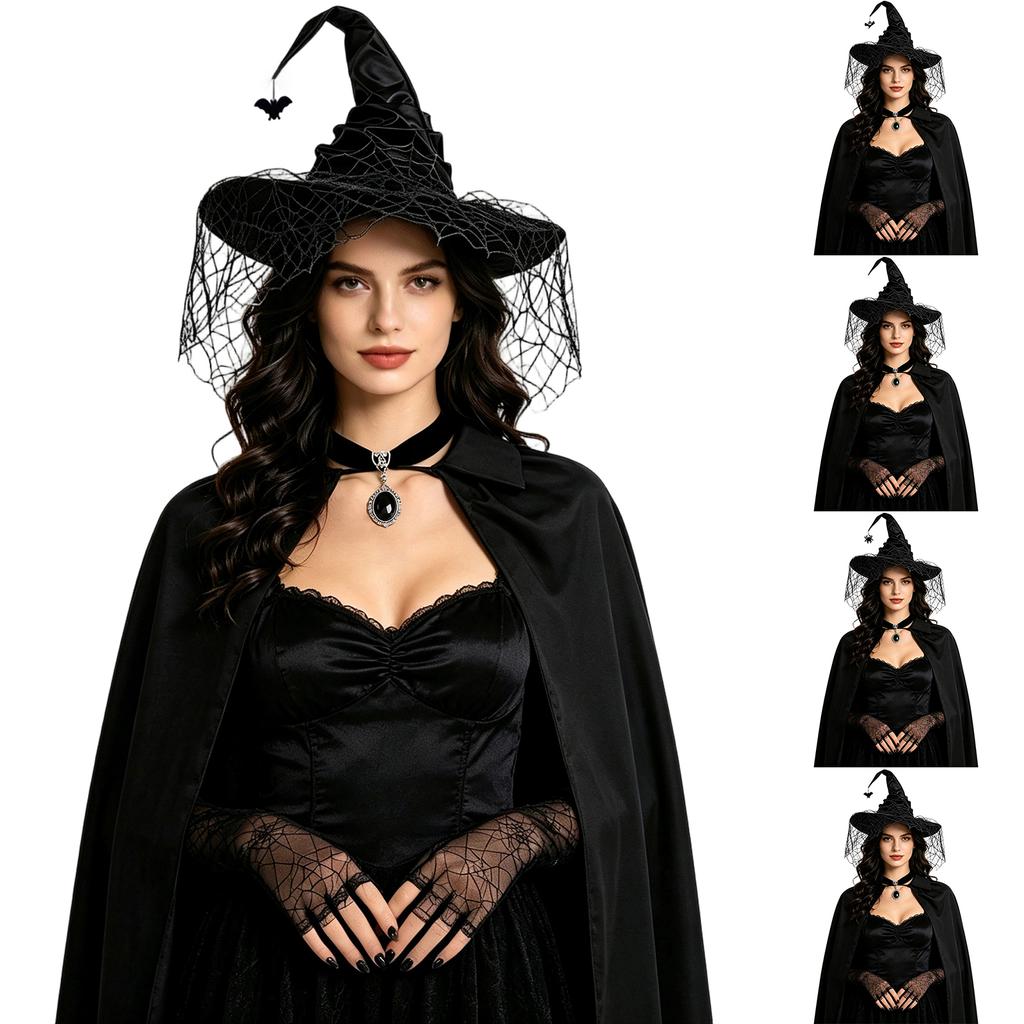 Halloween Witch Costume 4-Piece Set with Hat Gloves Necklace Cape for Women