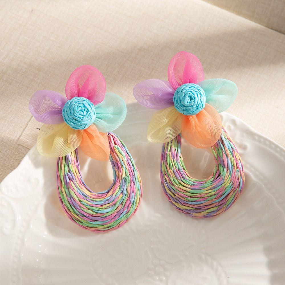 Sweet Mesh Flower Earrings U-shaped Beach Drop Earrings Straw Weave Earrings Girls Gift
