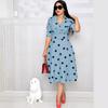 Women's African Polka Dot Dress: Mid-Sleeve, Suit Collar, Plus Size, Wide Hem & Belt