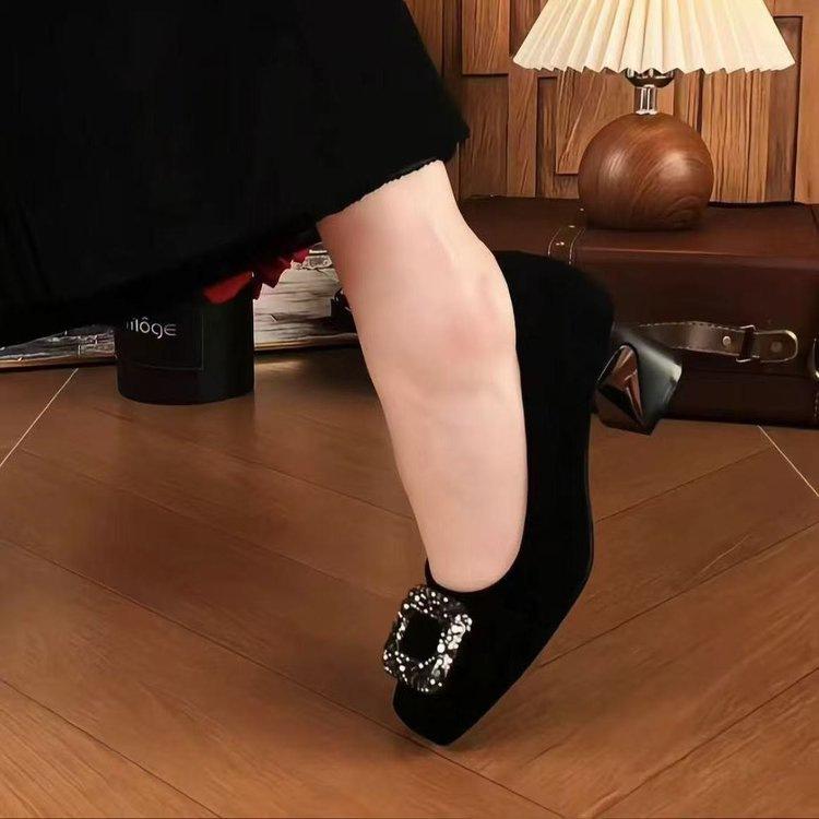 High heels new autumn soft-soled French temperament suede square buckle rhinestone shallow mouth single shoes Doudou shoes