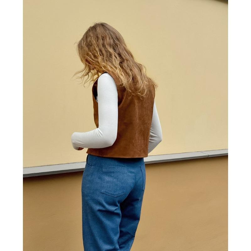 Damen S Brauner Wildlederweste V-Ausschnitt Knöpfe Lässig Streetstyle