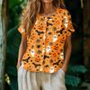 Women's Fashion Henley Neck Single Breasted Halloween Print Shirt Short Sleeve Casual Blouse Lightweight Button Down Top