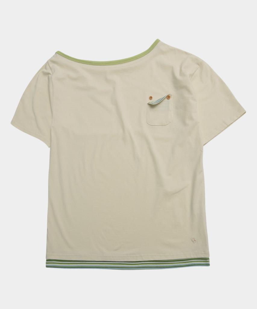 SOME PLACE Pocket Snap Color Block Double Layered Oversized Off-Shoulder Short Sleeve T-Shirt [Ivory]