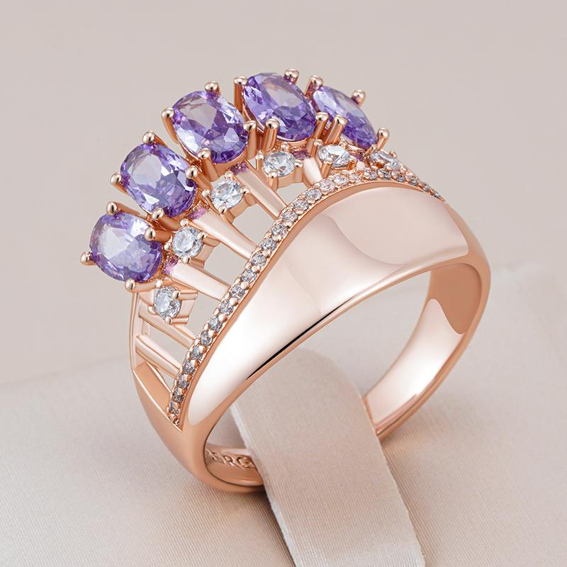 Shiny Purple Natural Zircon Big Rings For Women Fashion Rose Gold Color Crystal Flower Vintage Wedding Jewelry