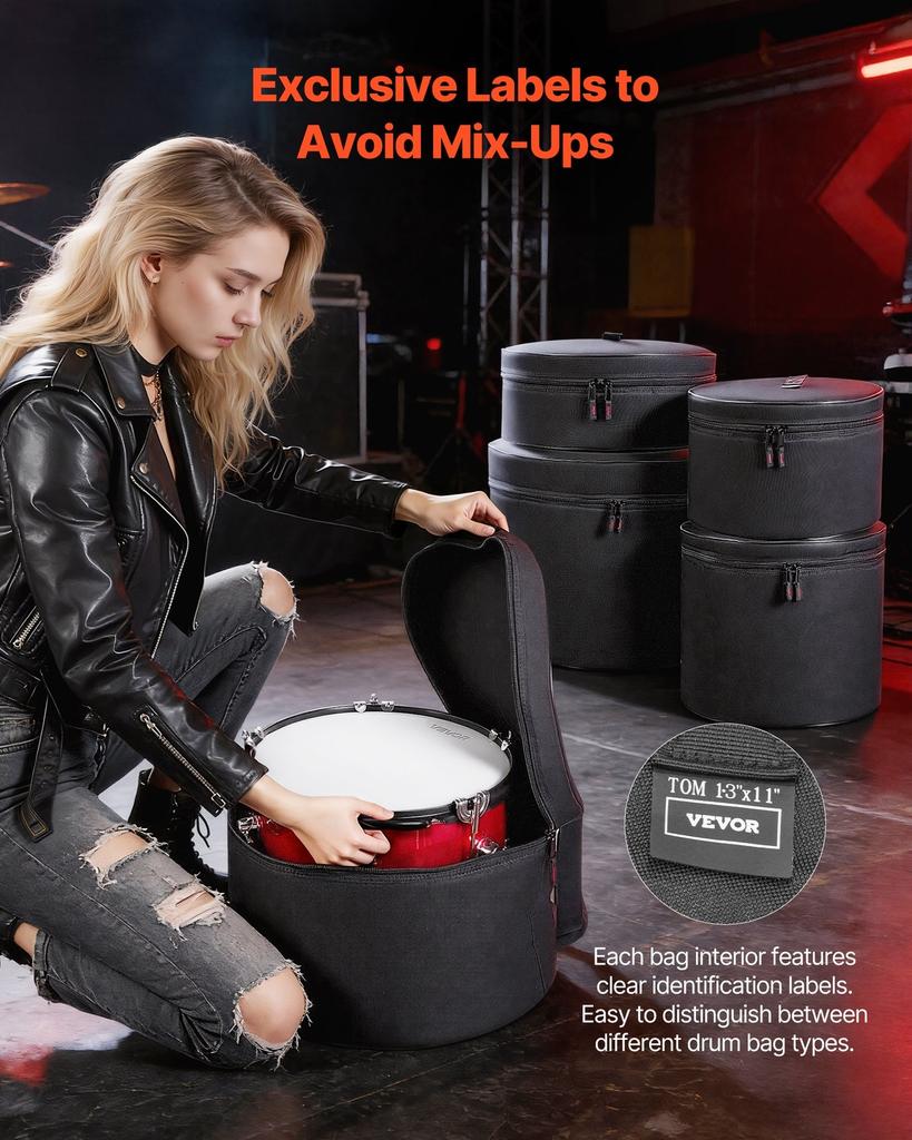 5-Piece Drum Case Set, 600D, Padded Drum Bags for Bass, Tom, and Snare, Thick Padding, Lightweight Protective Covers, Travel Storage Cases with
