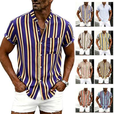 Summer New Lapel Print Shirt Men's Casual Loose Striped Short-sleeved Shirt