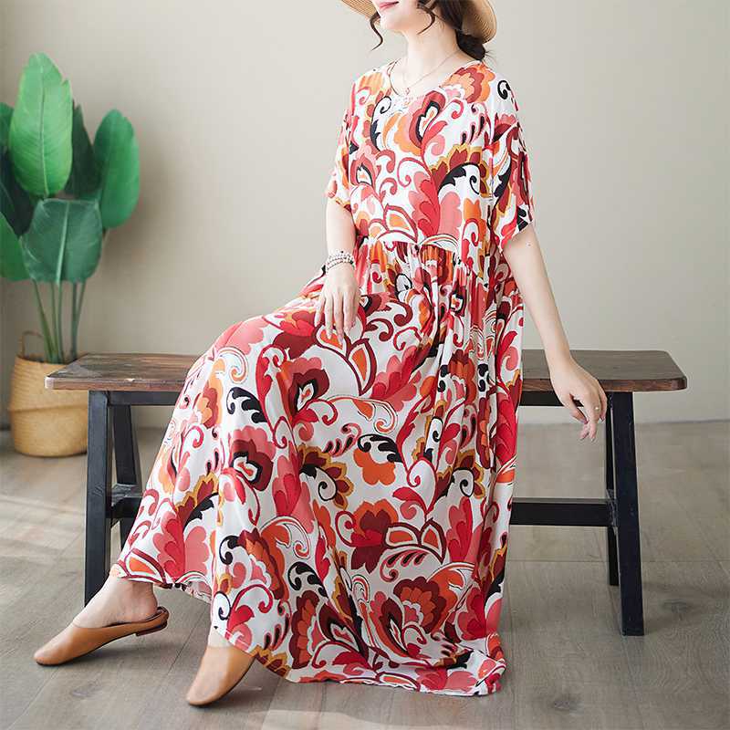 

Простые модные летние новые платья больших размеров с круглым вырезом и принтом One Size красный