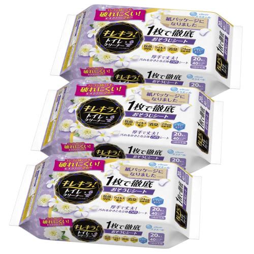 [.co.jp Exclusive] Elleair Kirekira! Toilet Cleaner Refill, Clean Floral Scent, 60 Sheets (20 Sheets x 3 Packs), Thorough Cleaning in One Sheet [Bulk