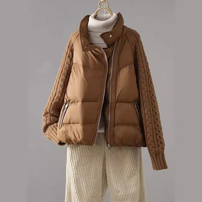 European New Trendy Down Jacket Women's Short 2024 Fashion Splicing Knitted Sleeves Thickened White Duck Down Winter Coat