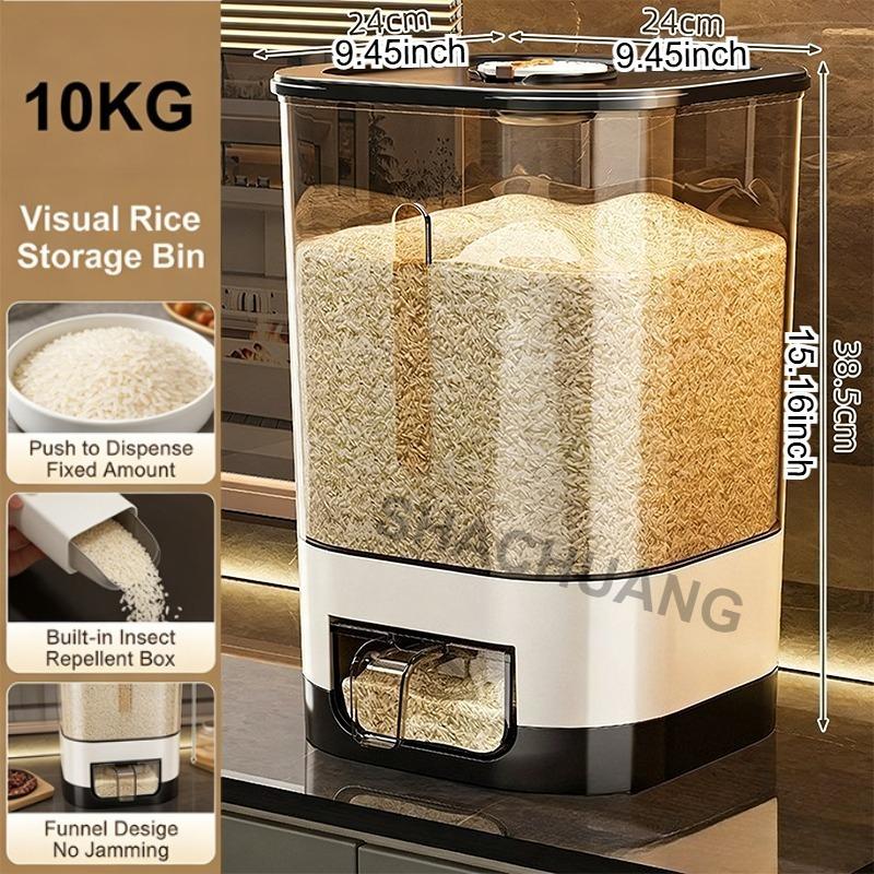Automatyczny dozownik ryżu o dużej pojemności 5 kg/10 kg z kubkiem, hermetyczny pojemnik na ryż odporny na wilgoć, niezbędne akcesoria kuchenne