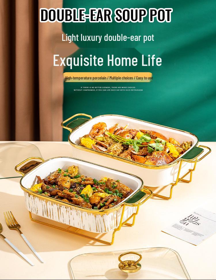Luxury Ceramic Tableware Set: Rectangular Baking Pan, Casserole Stand, Candle-Heated Soup & Dry Pot