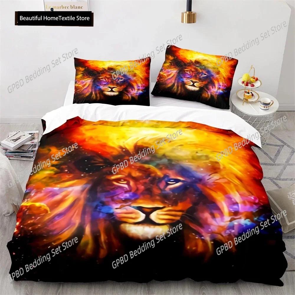 Lion Duvet Cover Set 3D Print Wild Animals Colourful King Queen Size For Kids Teens Adults Bedding Set Polyester Comforter Cover