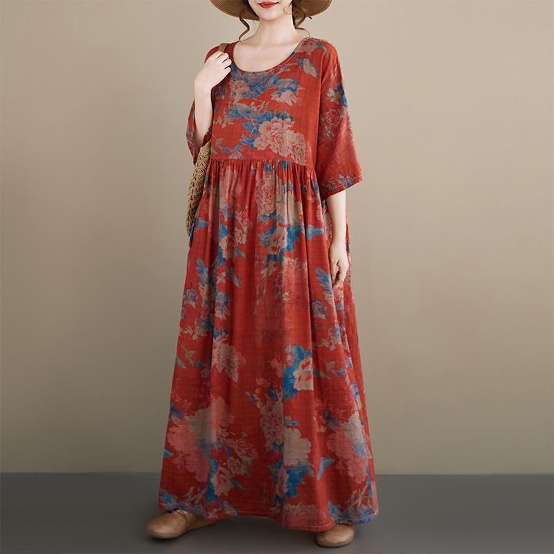 DIMANAF New 2026 Summer Women Plus Size Vintage Lady Long Dress Beach Loose Oversize Maxi Floral Print Cotton