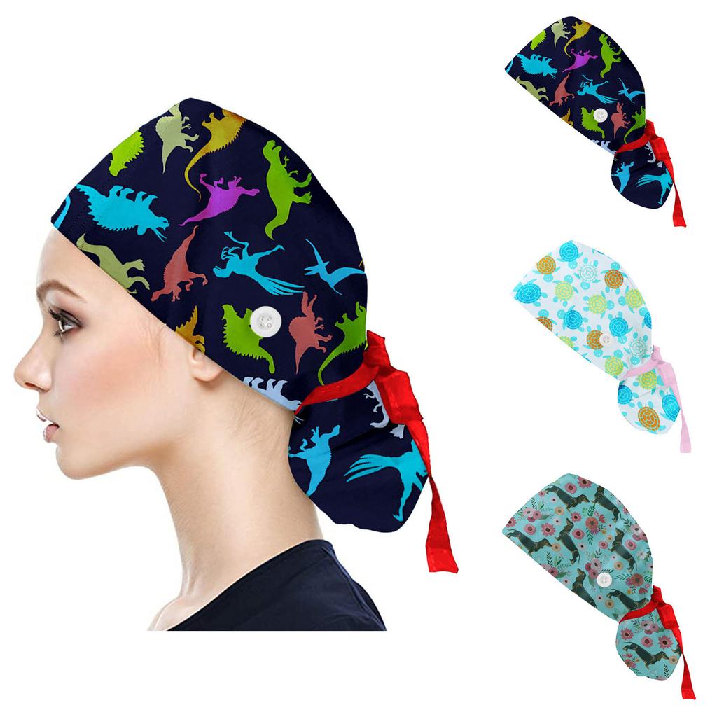 Scrub Cap With Buttons Print Bouffant Hat For Womens and Mens