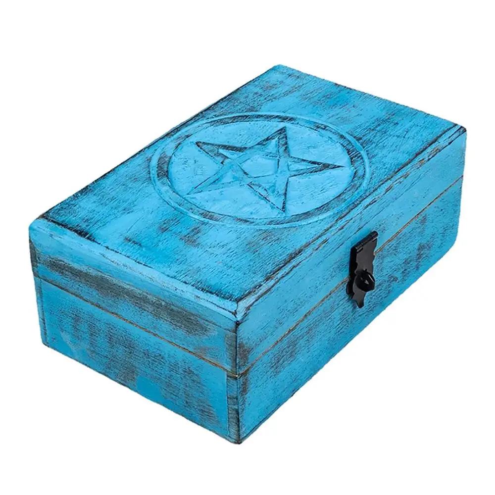 Wooden Jewelry Storage Box Antique Star Carved Trinket Box Storage Case Chic Organizer Tarot Cards Necklaces Unique Home Decor