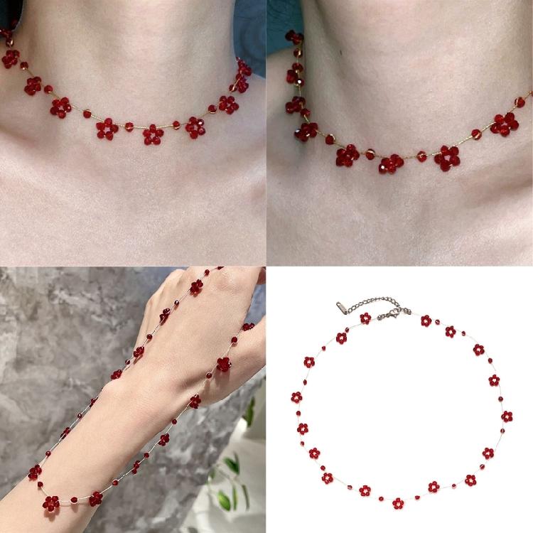 Hypoallergenically Crystal Bead Necklace Red Flower Detailing Lightweight Layering Jewelry Women Clavicle Chain