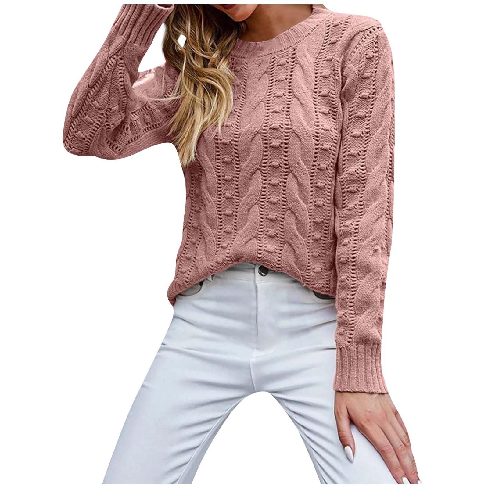 Женский однотонный пуловер с длинным рукавом и круглым вырезом — фото 12