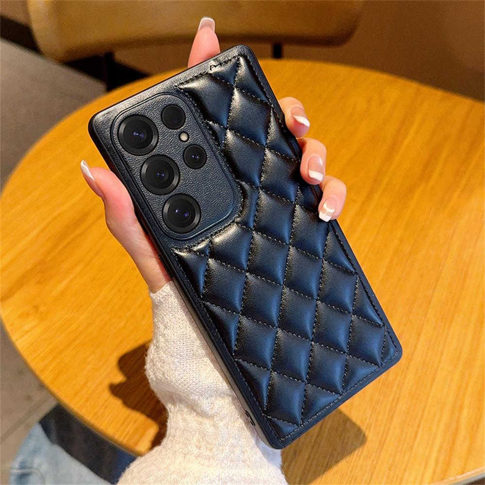 

For Samsung Galaxy S25 Ultra Case Rhombus Stitching PU Leather+TPU Shockproof Phone Cover Black