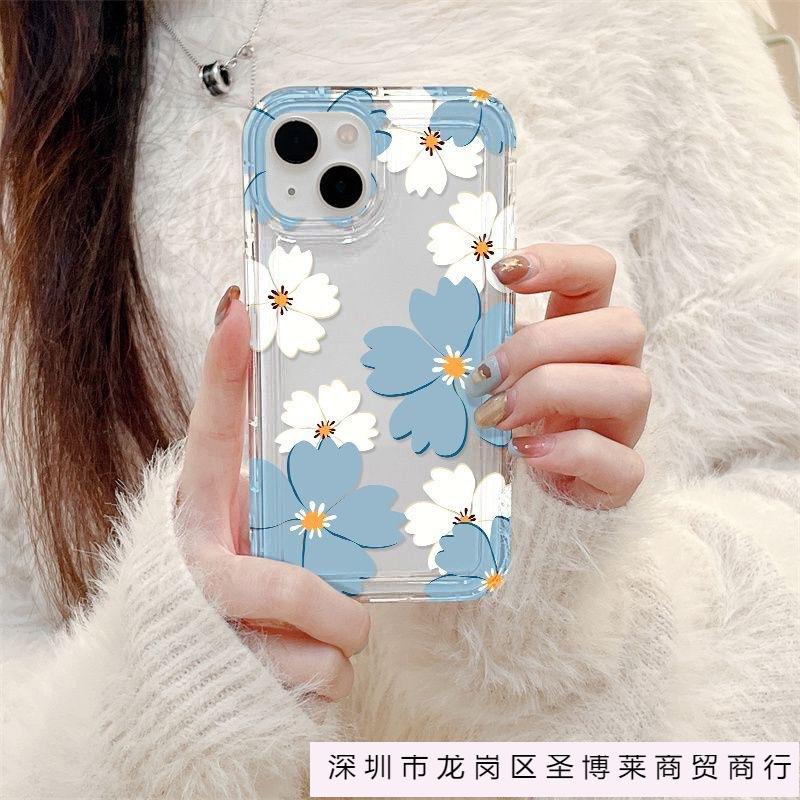 Blue and white big flower iPhone17promax mobile phone case Apple 16 transparent 15/14 transparent anti-drop 11 airbag