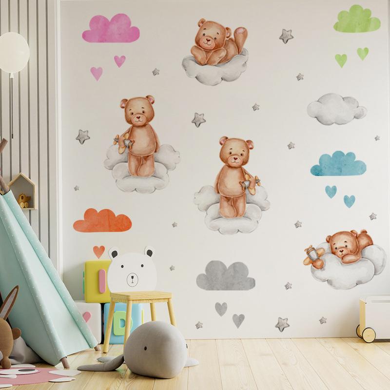 Wall Stickers Cartoon Bear Clouds Stars Hearts Kids Room Decor Nursery Wall Art Living Room Home Wall Decal Removable Wall Decor