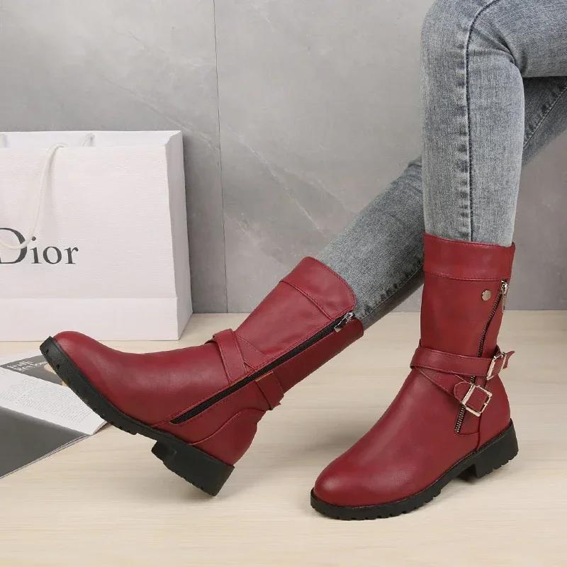 Shoes Women's Leather Boots Retro Belt Buckle Mid Calf Boots Round Toe 2025 New Water Proof Casual Boots Women Botas De Mujer