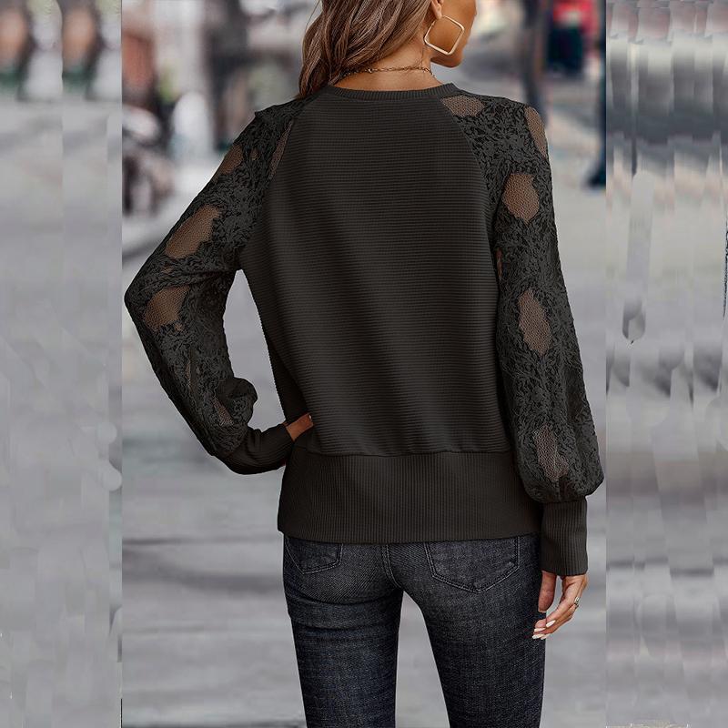 Frühling und Herbst Damen Tops Gestricktes Hemd V-Ausschnitt Spitze Lose Lässige Langarm-Tops