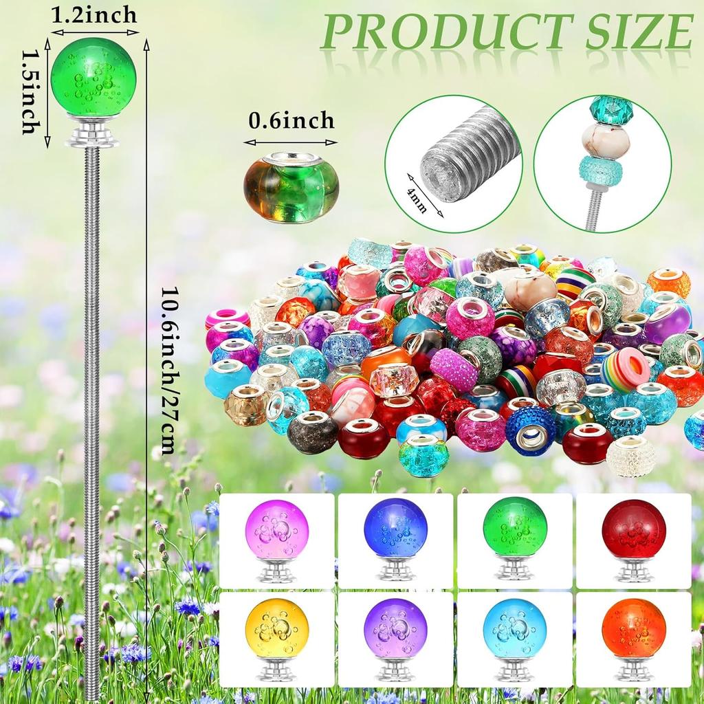 Chunful 176 Pcs Garden Stakes Fairy Wand Garden Stakes with Crystal Stopper Top Beaded Round Glass Bead Antique Silver Bail Beads with Pendant Silver