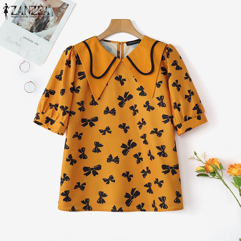 

ZANZEA Womens Casual Doll Collar Loose Short Sleeve Print Blouse S белый