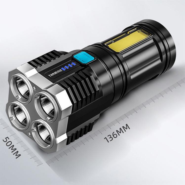Rechargeable LED Flashlight: Four-Lamp, Ultra-Bright, Long-Range, Multi-Function, Outdoor Lighting.