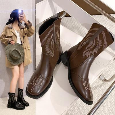 Large Size Pointed Retro Embroidered Thick Heel Western Cowboy Boots Women's Autumn and Winter New Personalized Short Boots