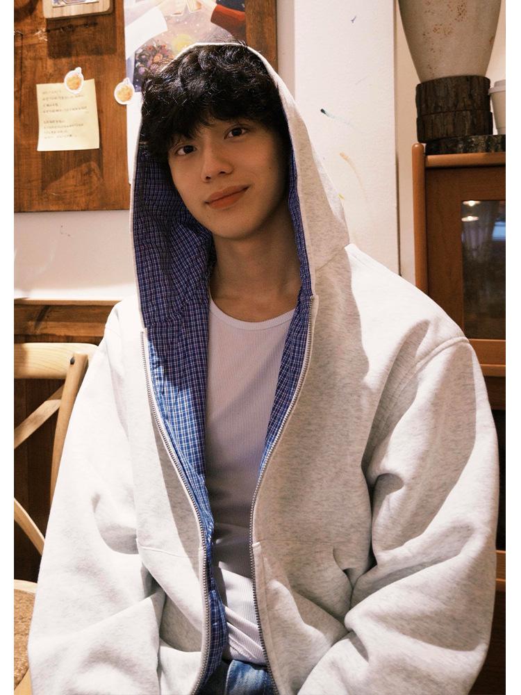 Men's Reversible Gray Plaid Hoodie Cardigan - Autumn, High-End, Heavy-Weight, Couple's Style