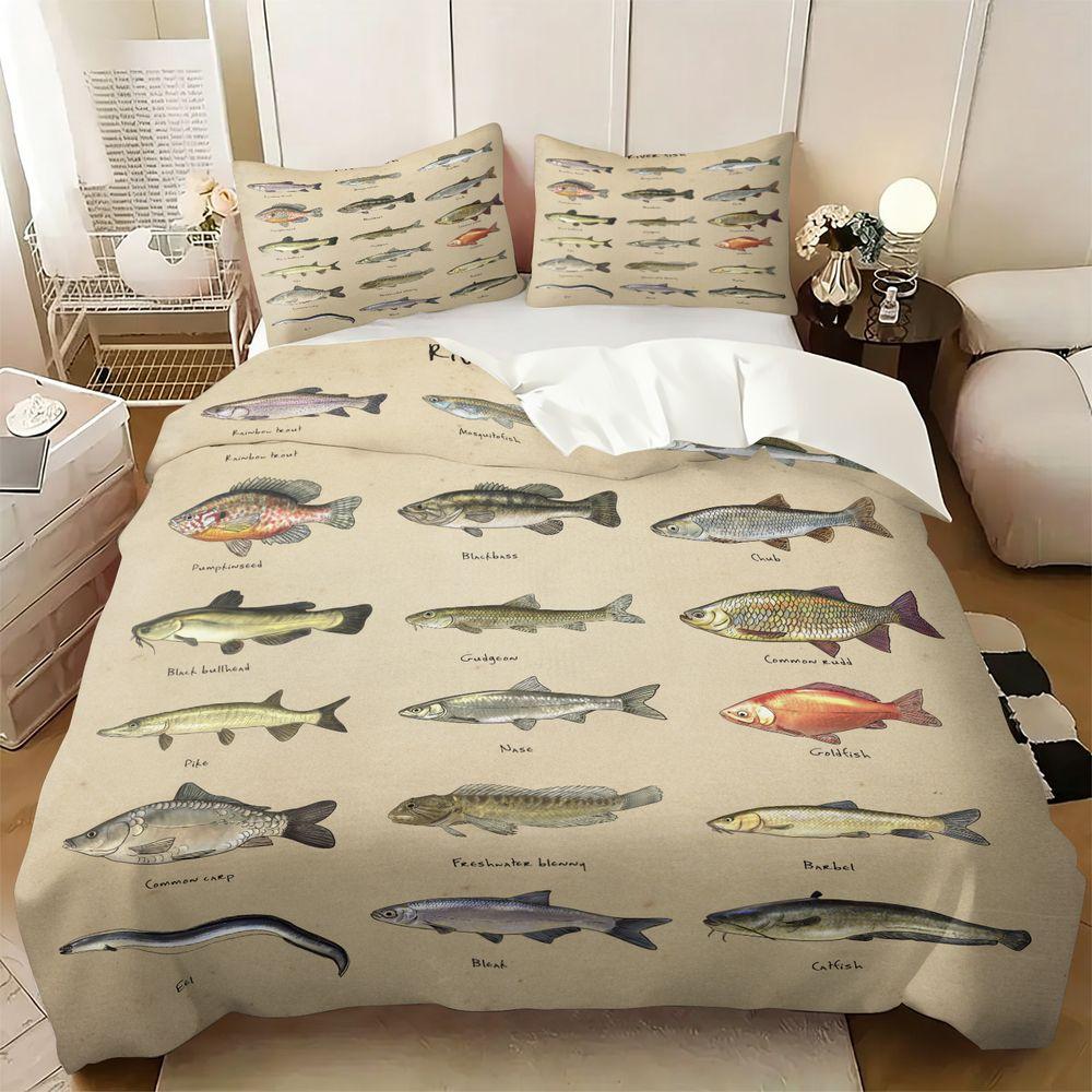 Ensemble de housse de couette imprimé poisson vintage 2/3 pièces(1 Housse de couette & 1 Taie d'oreiller) Ensemble de literie doux Idéal pour la décoration des amateurs de pêche, Pas de Fi US King-228x264cm