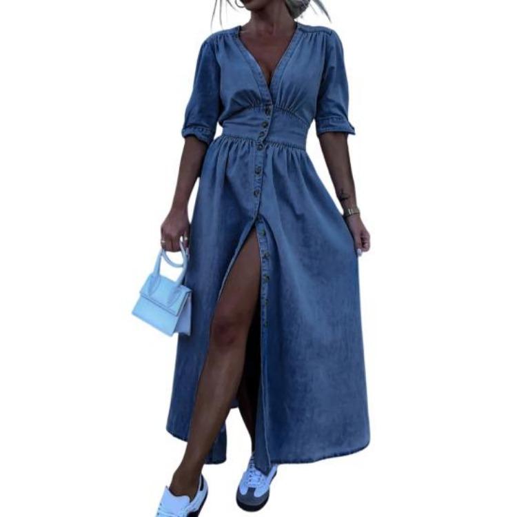 Spring Summer Women Casual Denim Long Dress V Neck Short Sleeve Button Down Maxi Jean Dress S синий
